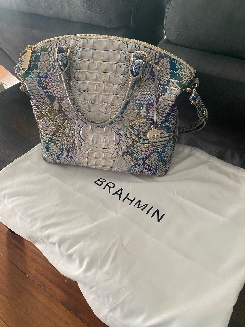 Brahmin Iridescent Croc-Embossed Satchel in Pearl, Teal & Purple - Picture 4 of 4